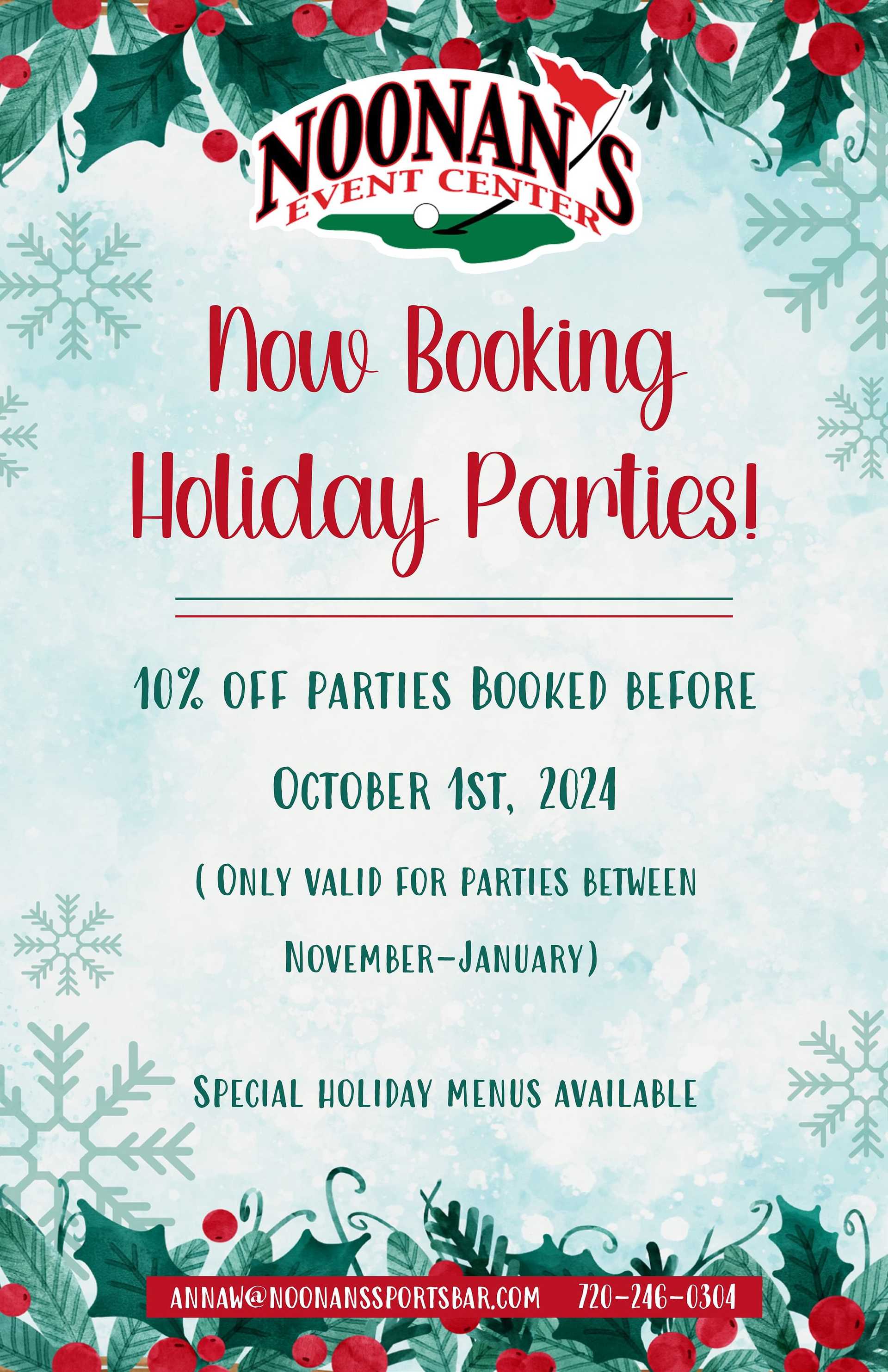 Holiday party booking ad for Noonan's Event Center offering a 10% discount for bookings before Oct 1, 2024.